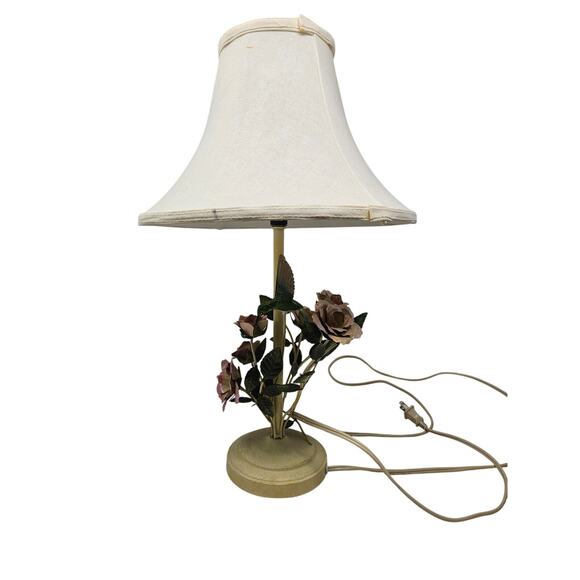 Vintage 60s Italian Toleware Metal Floral Hummingbird Table Lamp Shabby Chic - Picture 2 of 6